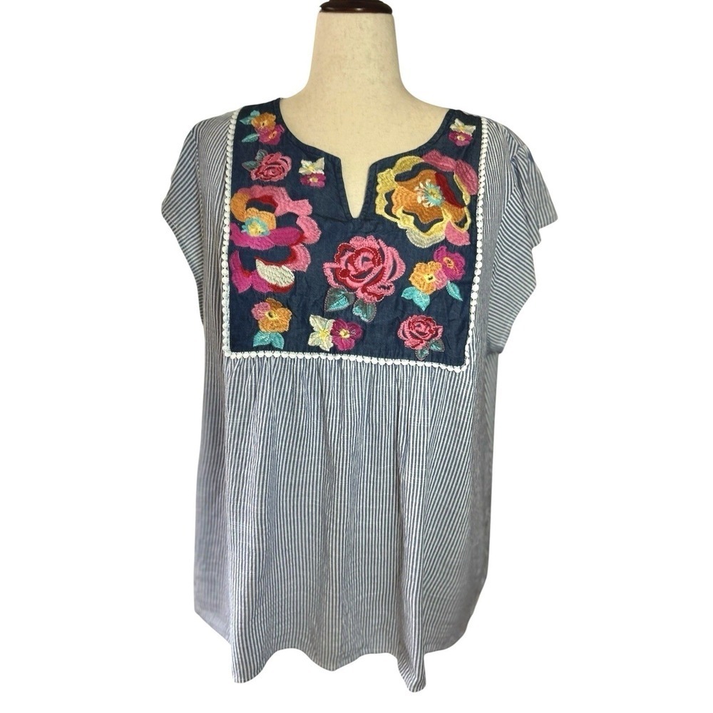 Savanna Jane Tunic Floral Embroidered Blouse Striped Top 3X Boho Cowgirl Western